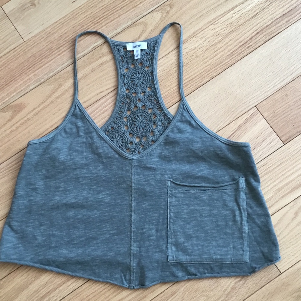 Aerie Green Crochet Back Cropped Tank Top
